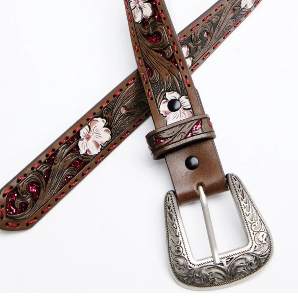 MAKE AN OFFER - Girls Shyanne Leather Belt whipstitching sparkle and carvings